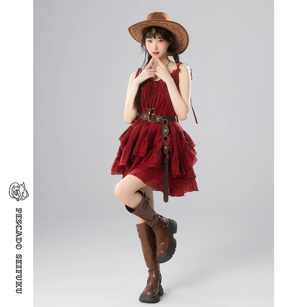 [红莓糖纸]红色连衣裙套装女夏季甜美小个子裙子两件套洋气衣服女