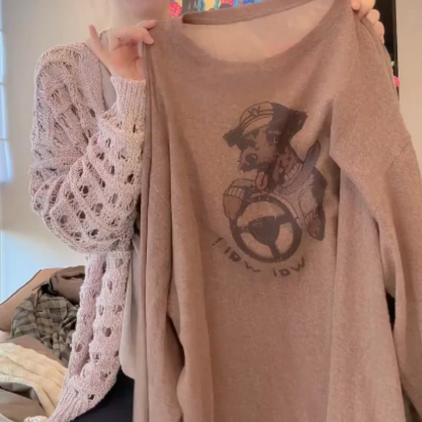 设计感趣味小狗印花长袖T恤女透气早秋2025新款休闲穿搭女装上衣