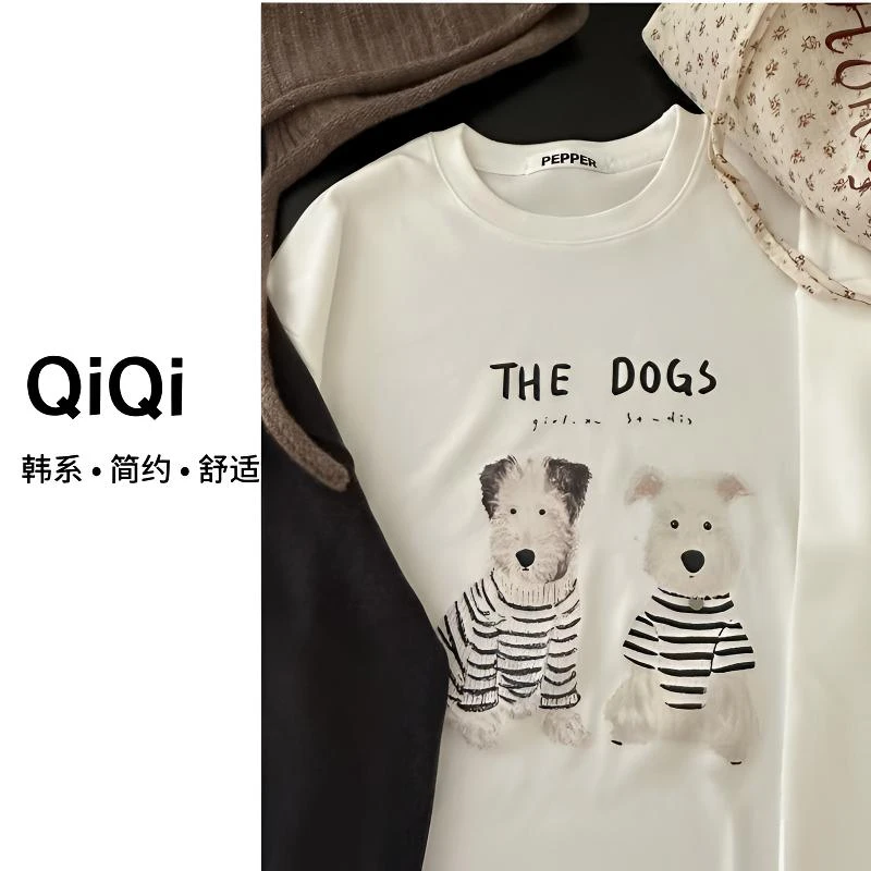 七七定制 【俩小狗】长袖T恤女加厚圆领宽松显瘦打底衫冬季M-1372