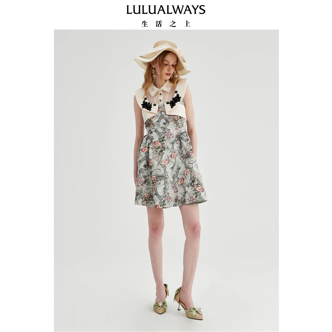 LULUALWAYS【商场同款】25夏季新款复古提花优雅收腰无袖连衣裙女