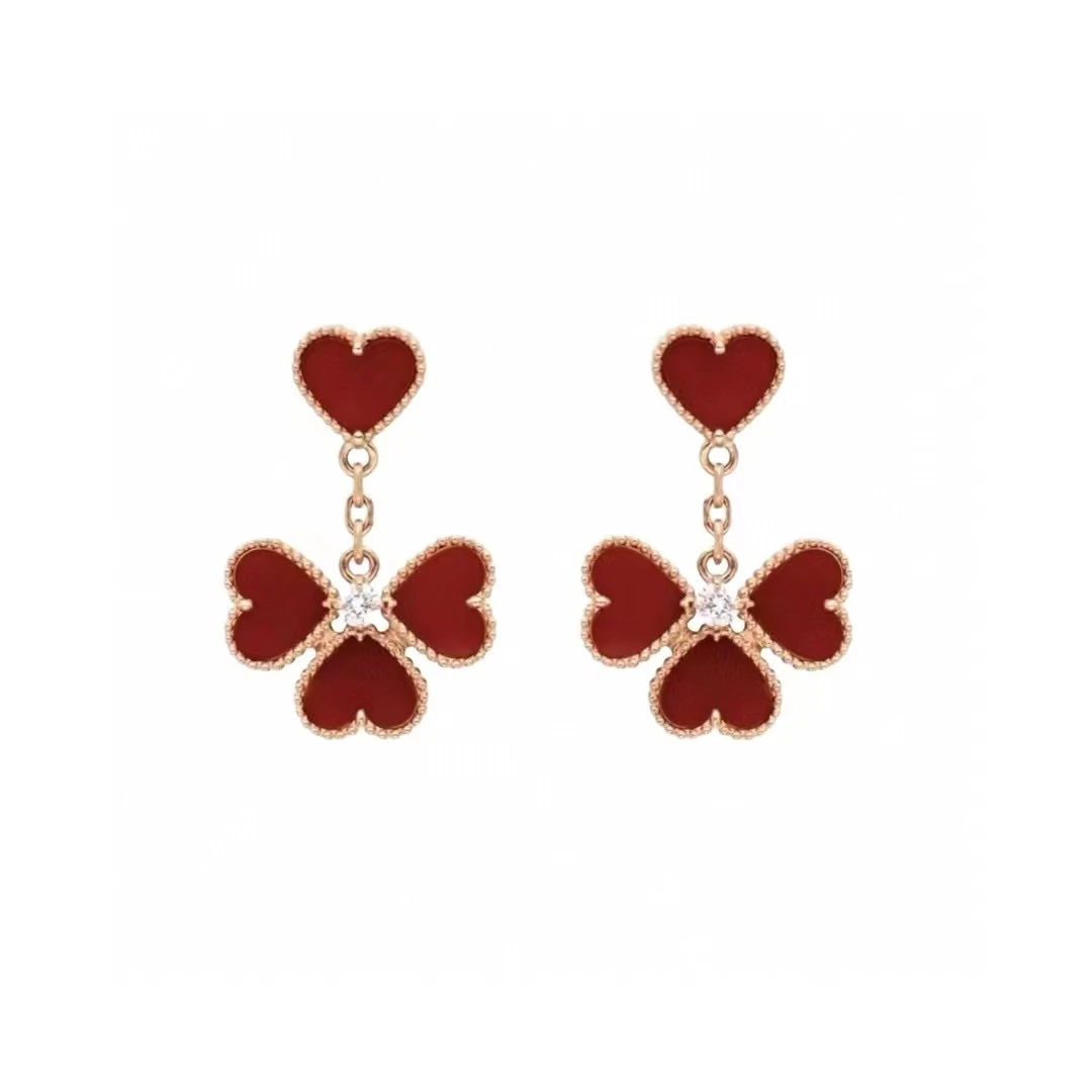 925银仿水晶耳饰 法式复古幸运草气质心型小众纯银耳钉精致百搭