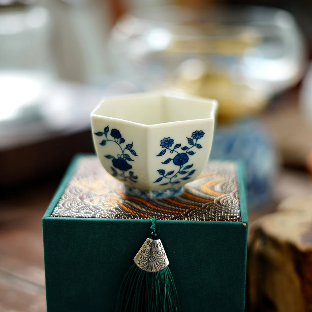 景德镇全手工全手绘柴窑二号釉六方花卉杯60毫升