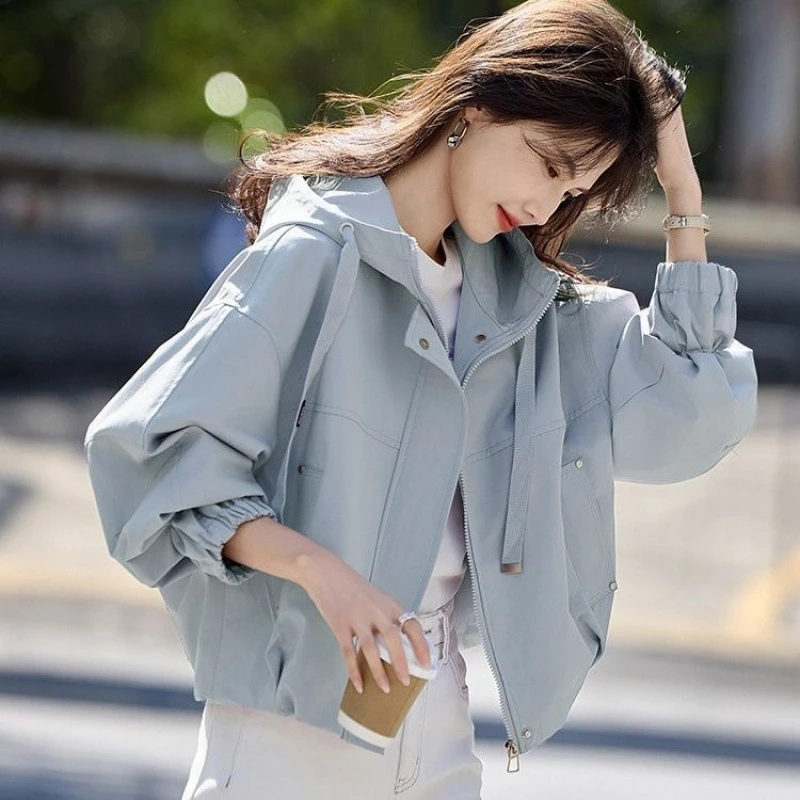 通勤短款连帽外套女年新款春秋款小个子宽松休闲夹克上衣