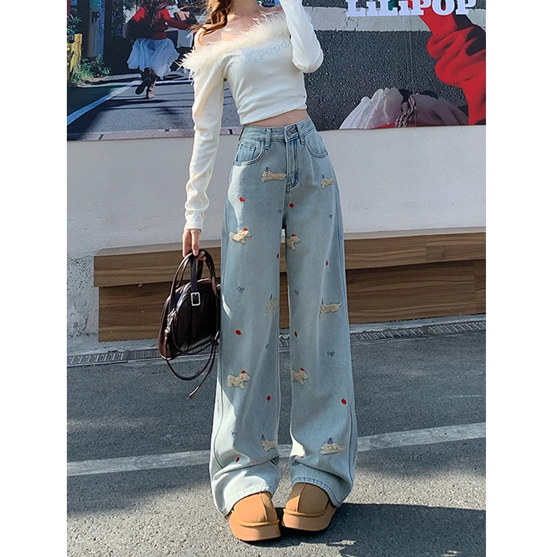 小狗刺绣牛仔裤女夏秋季2025年新款阔腿怀旧蓝高腰宽松显瘦直筒裤