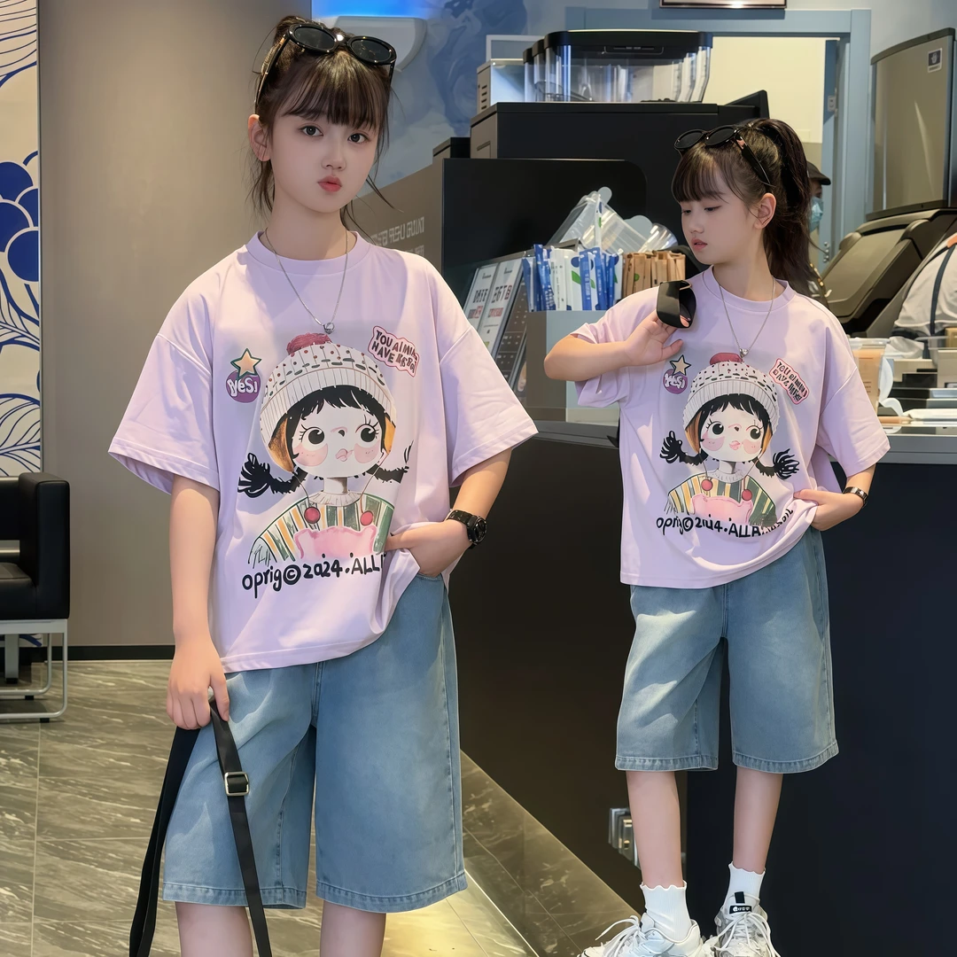 女童夏季新款卡通短裤短裤套装中大童5-12岁牛仔中裤2025时尚洋气