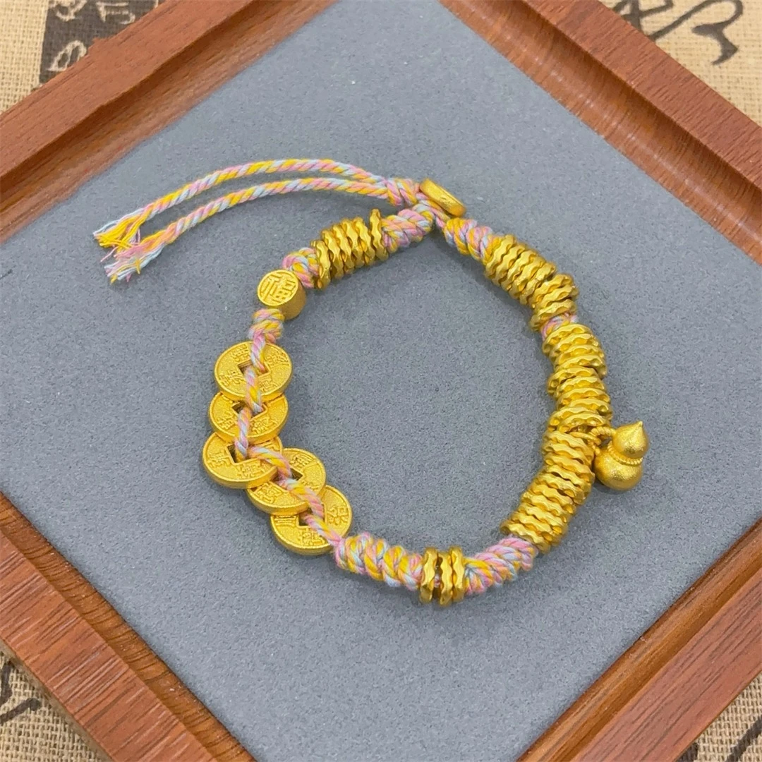 黄铜亚克力手链 黄铜手链古法五帝钱葫芦盘缠锤纹手链 女款编绳