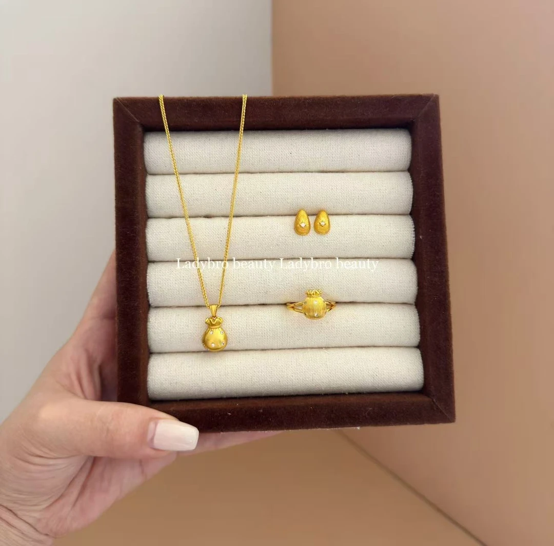 铜合金亚克力项链 中古风拉丝点闪钻好运小福袋项链三件套转运