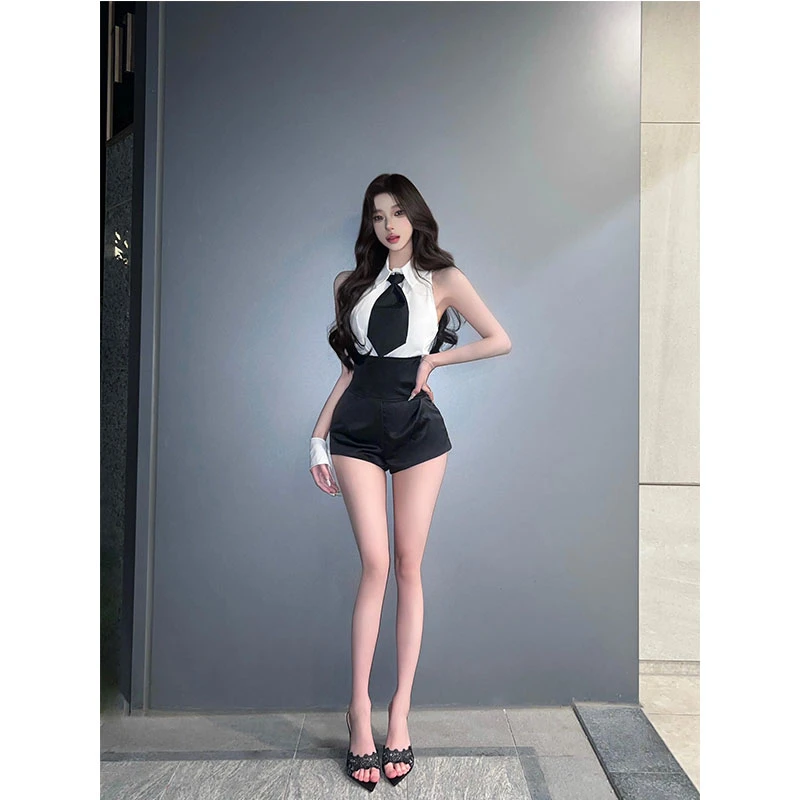 2025辣妹无袖领带衬衫女装时尚套装设计感高腰短款裤子减龄两件套