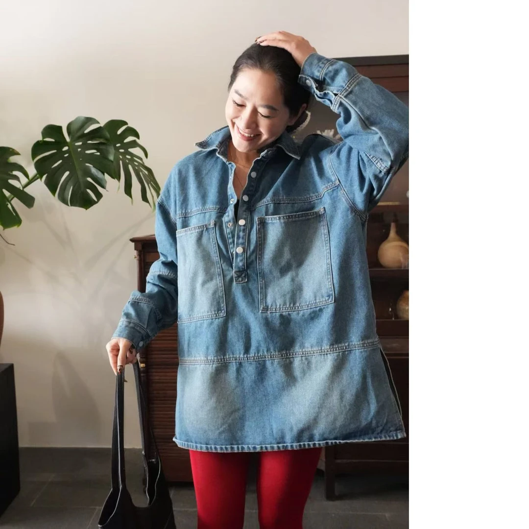 A9160牛仔凡尔赛衬裙蓝色宽松复古休闲衬衫