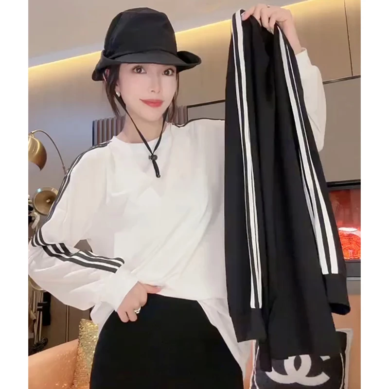 三条杠薄款长袖防晒中长款T恤女夏季宽松运动休闲韩版洋气INS上衣