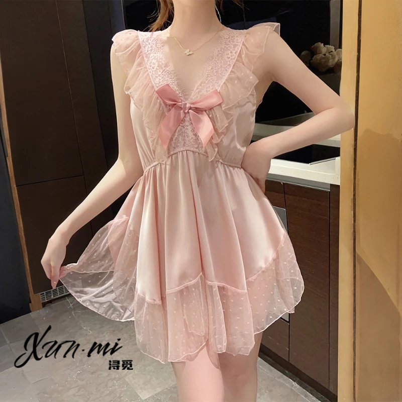 浔觅/Xunmi「清纯少女」日系甜美蕾丝纯欲背心蝴蝶结波点网纱吊带-A