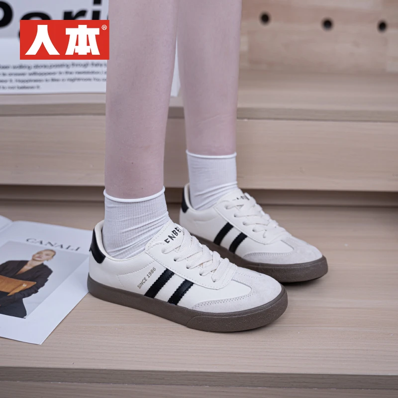 人本白色德训鞋女款2025春季新款平底港风时尚百搭学生休闲鞋