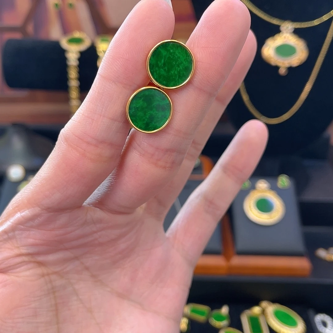 翡翠银S925镀金镶嵌耳饰