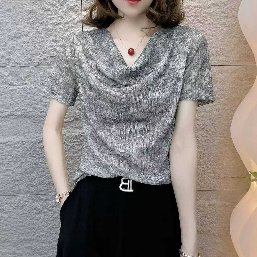 爆款高档夏季新款短袖堆堆领T恤女弹力网纱小衫韩版时尚百搭上衣