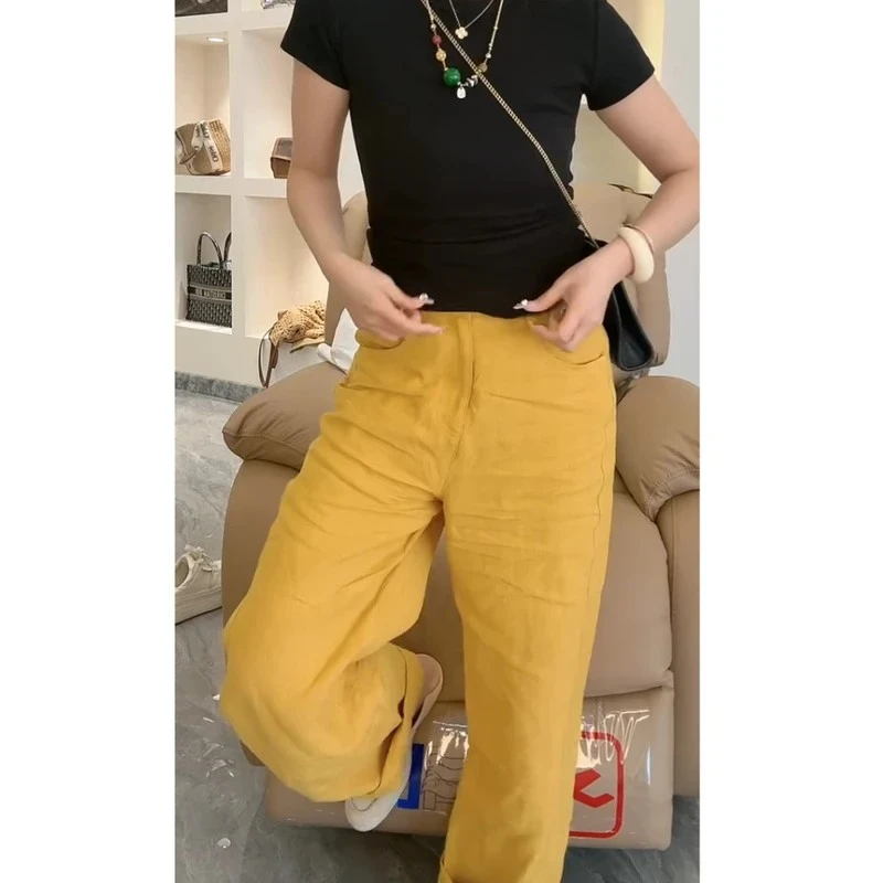 GLVOYO2025女款高腰显瘦大码阔腿显瘦阔腿休闲麻裤裤子白色阔腿裤