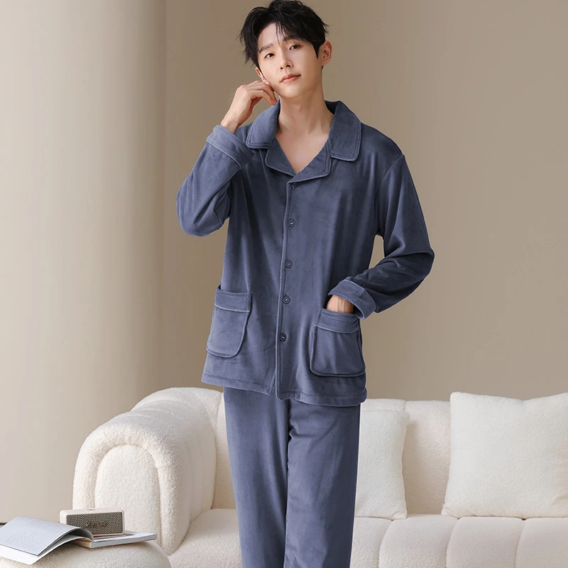 海岛绒睡衣男秋冬季加厚加绒长袖保暖家居服学生青少年可外穿套装