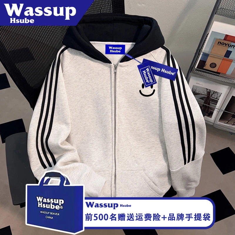 WASSUP HSUBE笑脸印花卫衣秋冬加绒加厚连帽开衫男女百搭拉链外套