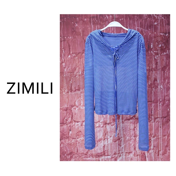 【亮哥女装】2025欧版新品蓝色细条纹拼接蕾丝连帽高弹爽肤衣9037