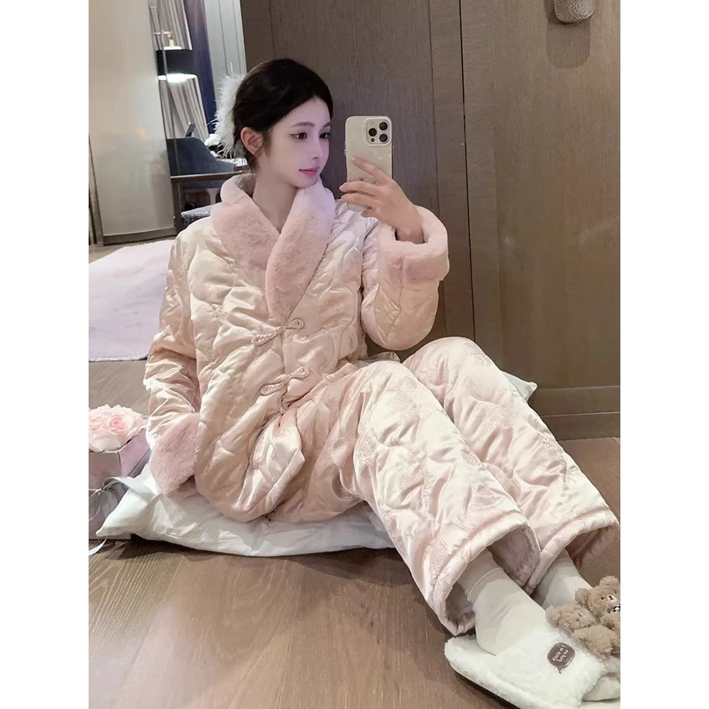 新中式加绒加厚珊瑚绒睡衣女冬季2024新款轻奢粉色毛领家居服套装
