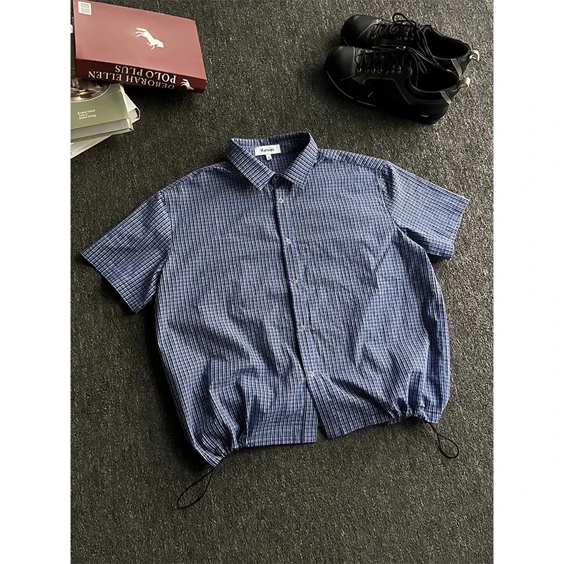 皇家蓝格子短袖衬衫男款夏季抽绳设计高级感cleanfit格纹衬衣外套