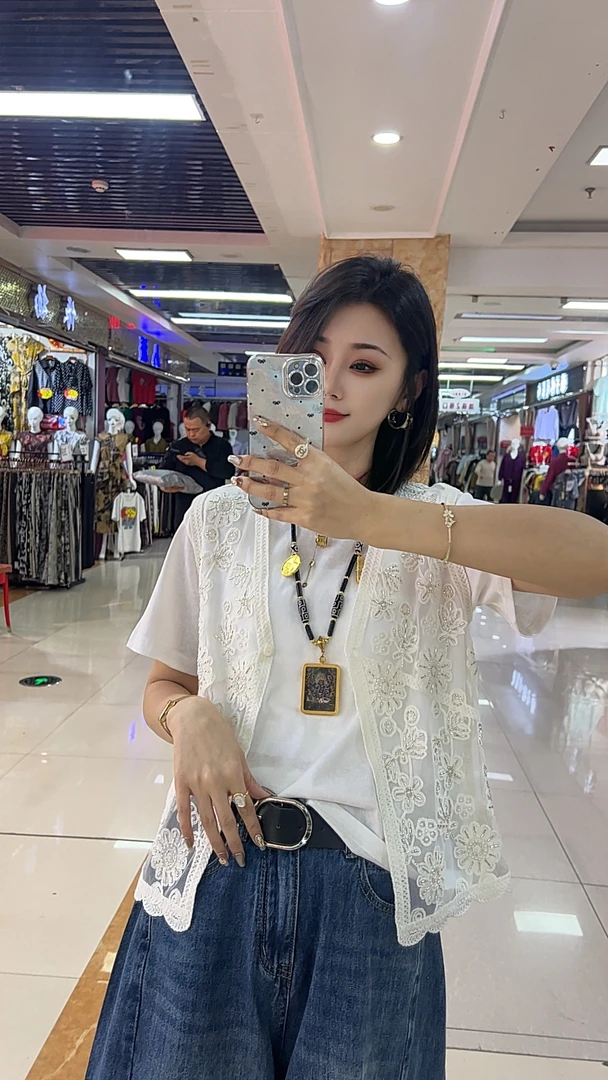 镂空亮片新夏季两件套T开衫半袖白色