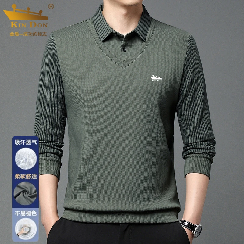 老爷车之家男士秋季翻领长袖上衣商务休闲中年打底POLO衫假两件