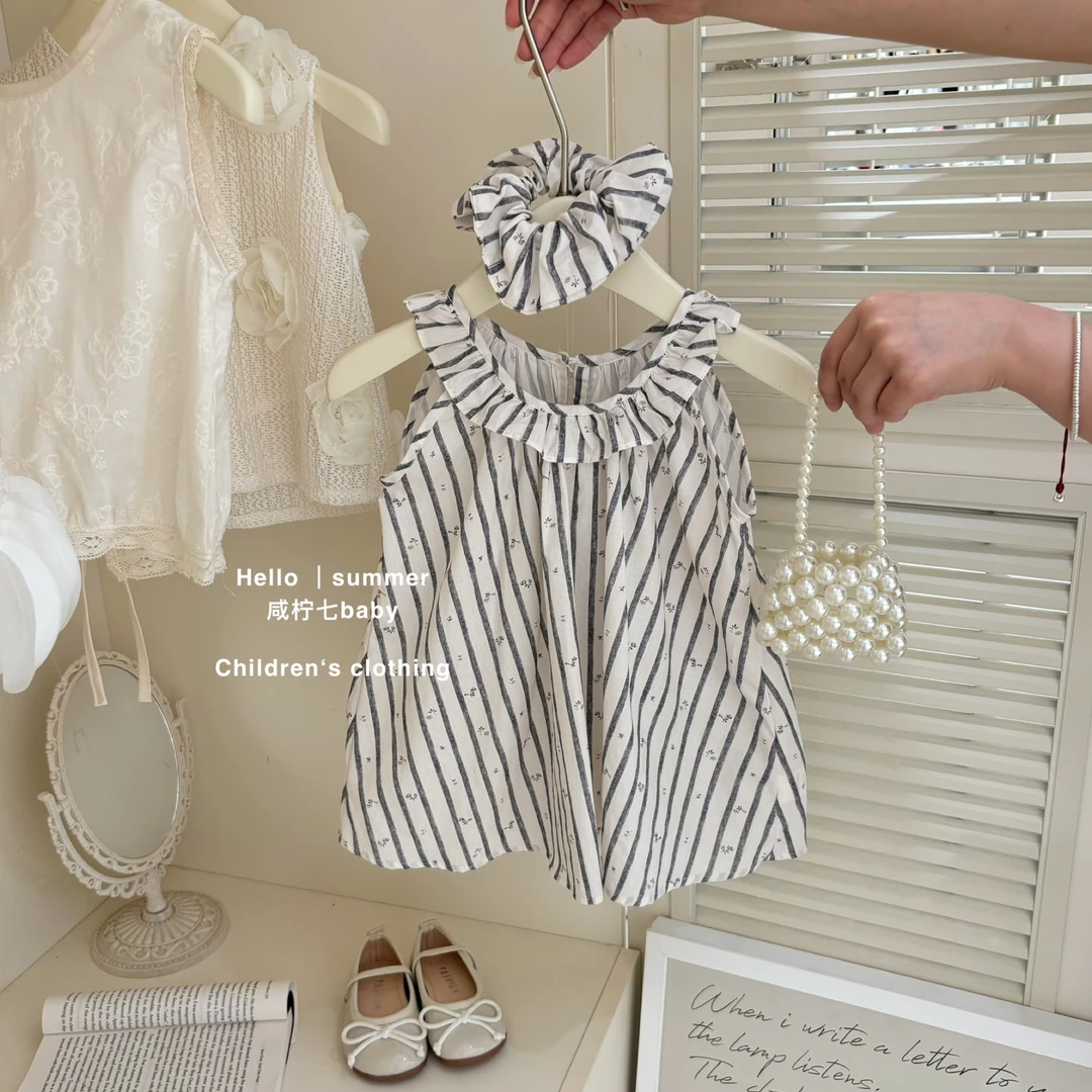 【咸柠七】女童森系竖条纹碎花背心裙夏季韩系女宝宝无袖连衣裙