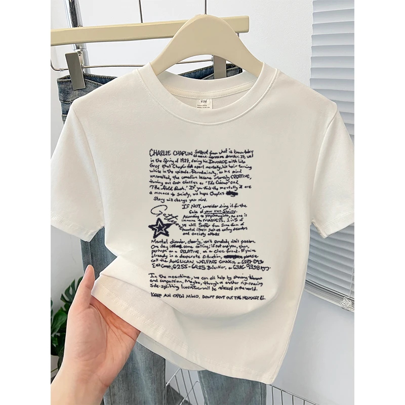 白色正肩短袖女t恤女夏季新款修身显瘦设计感字母印花圆领上衣潮