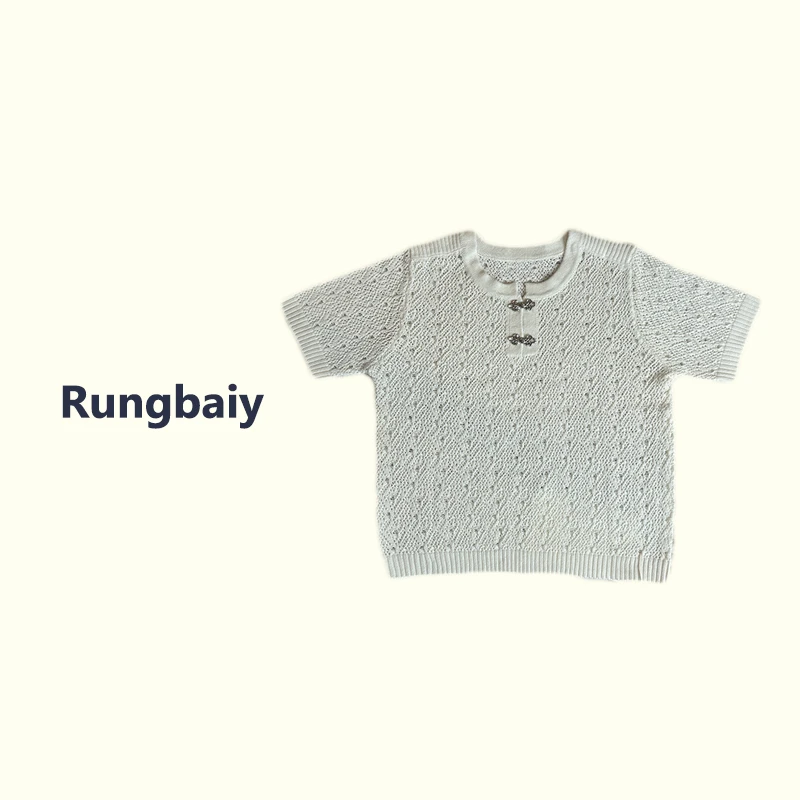 Rungbaiy圆领针织短袖毛针织衫镂空白色打底毛衫设计感盘扣上衣