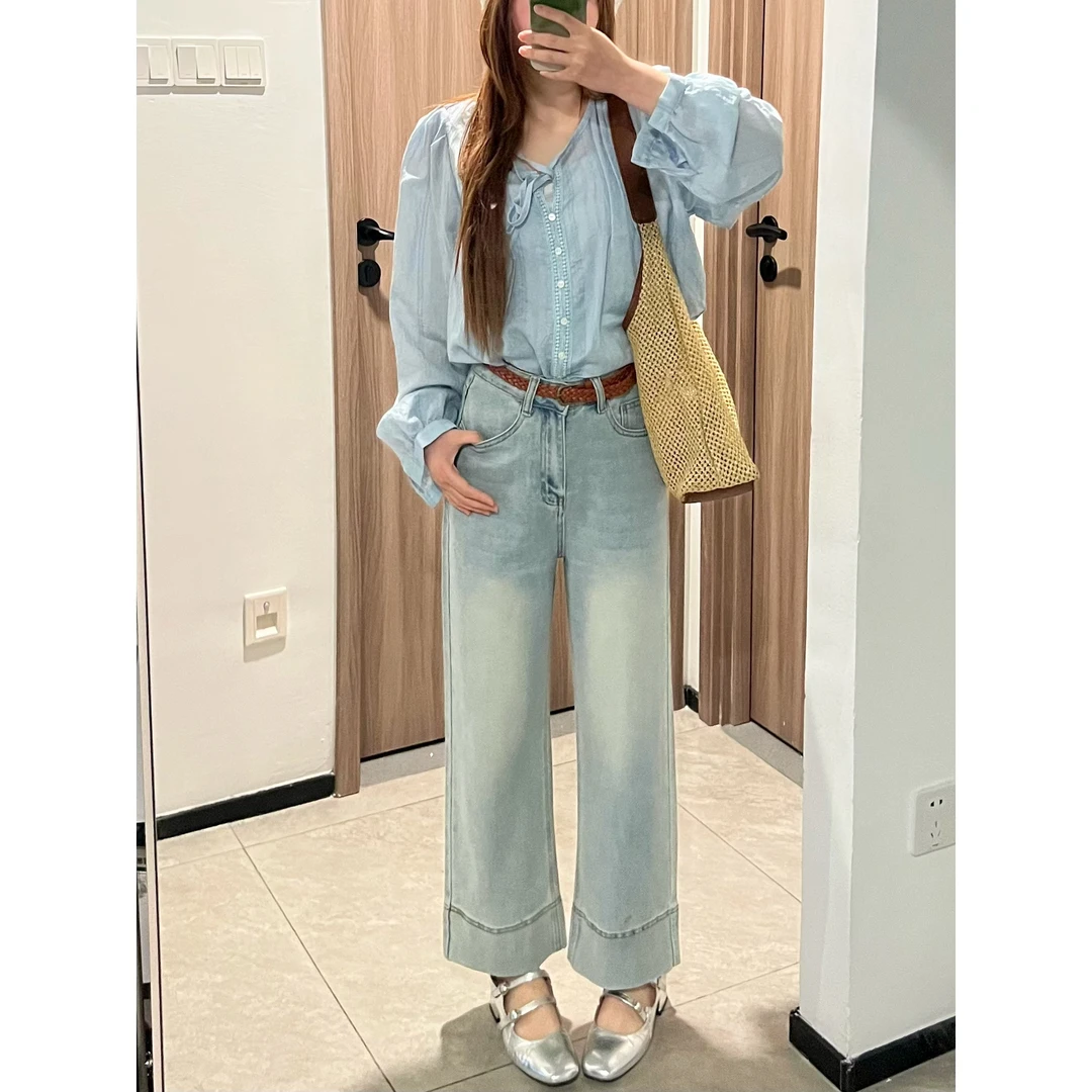 法棍直筒牛仔裤女九分2025年新款大码梨形身材窄版浅色显瘦小个子