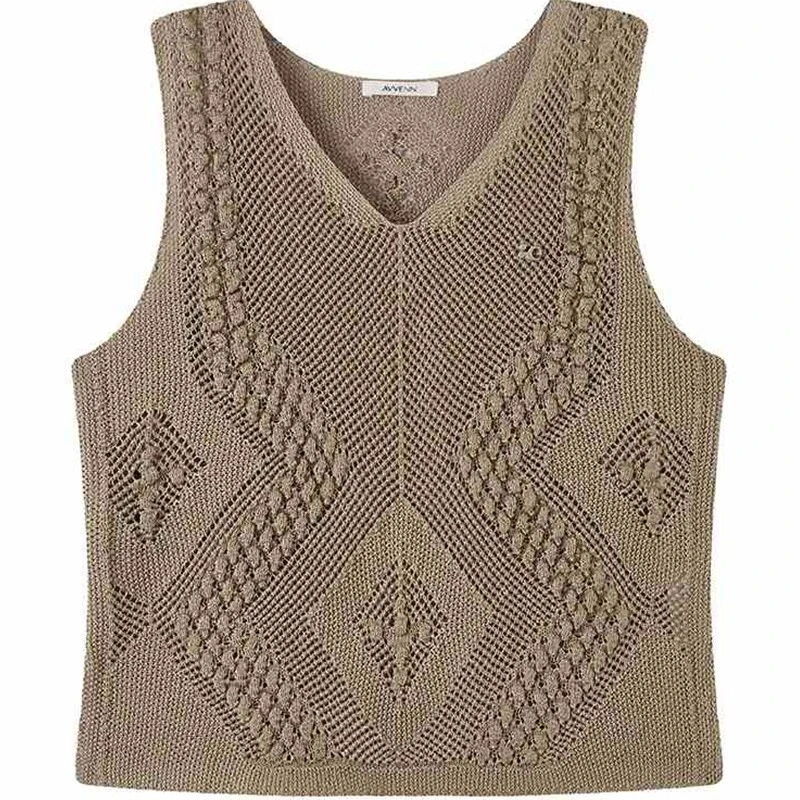 【茉舍】AVVENN 纯色百搭钩花镂空针织V领无袖马甲 AL71202566-990