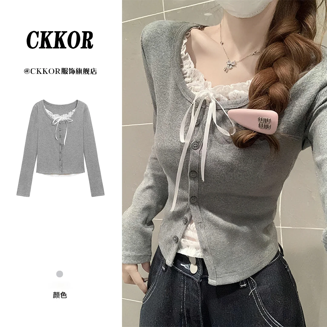 CKKOR韩版高级感长袖t恤上衣春秋款女爆款纯欲风拼接蕾丝短款上衣