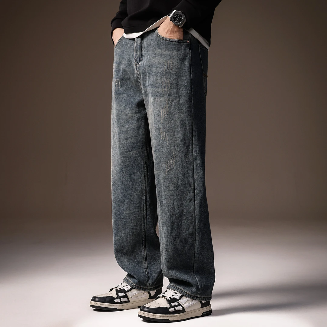 高端美式复古男士牛仔裤冬季新款直筒宽松水洗休闲耐磨加绒裤子男
