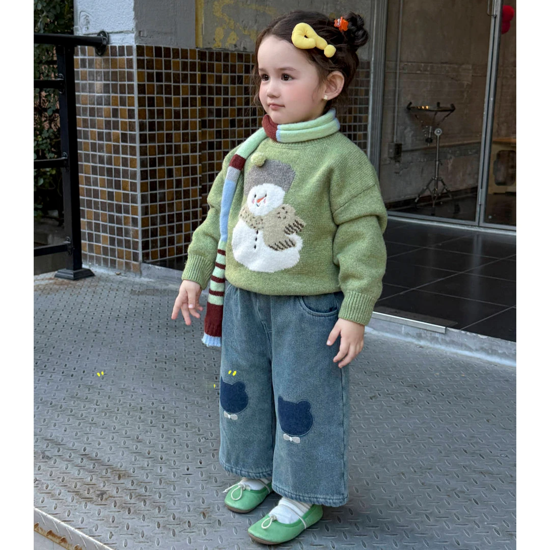 90-130女童绿色毛衣加绒牛仔裤加绒棉服