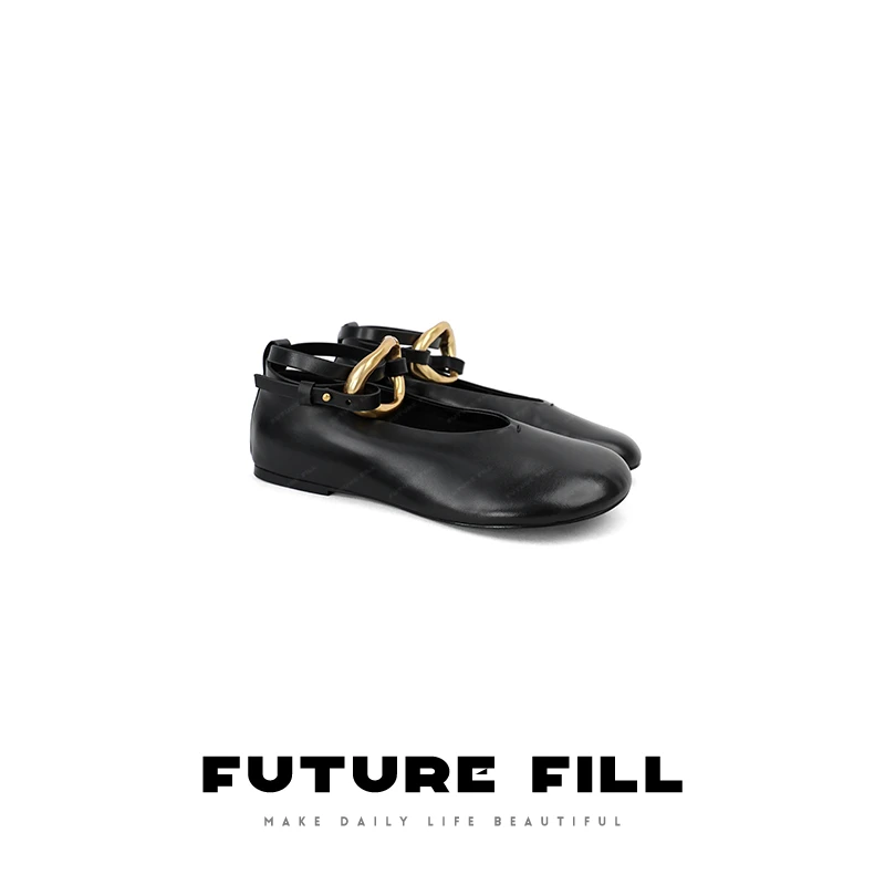 平底浅口金属扣脚环绑带圆头舒适女单鞋