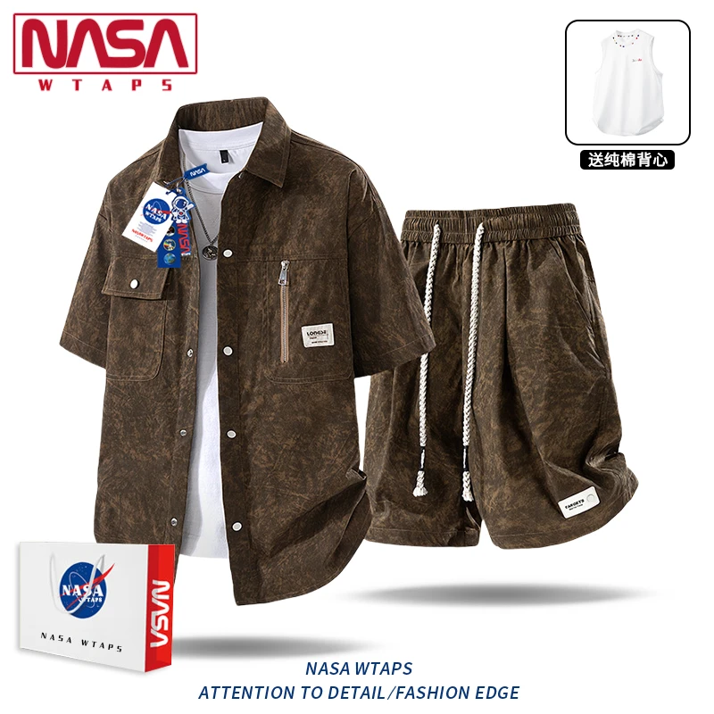 NASA WTA男士新款大码夏季扎染短袖短裤冰感休闲时尚潮高级感套装