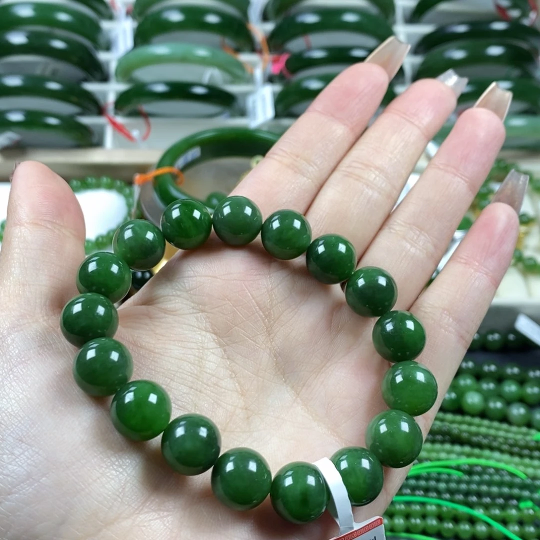 和田玉（碧玉）手串未镶嵌12m辣绿色