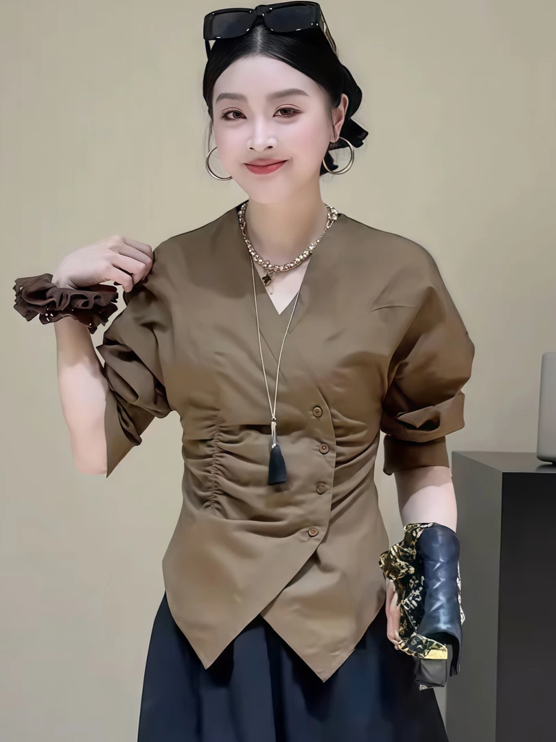 法式收腰不规则褶皱衬衫女款2025秋季新款独特超好看绝美洋气上衣
