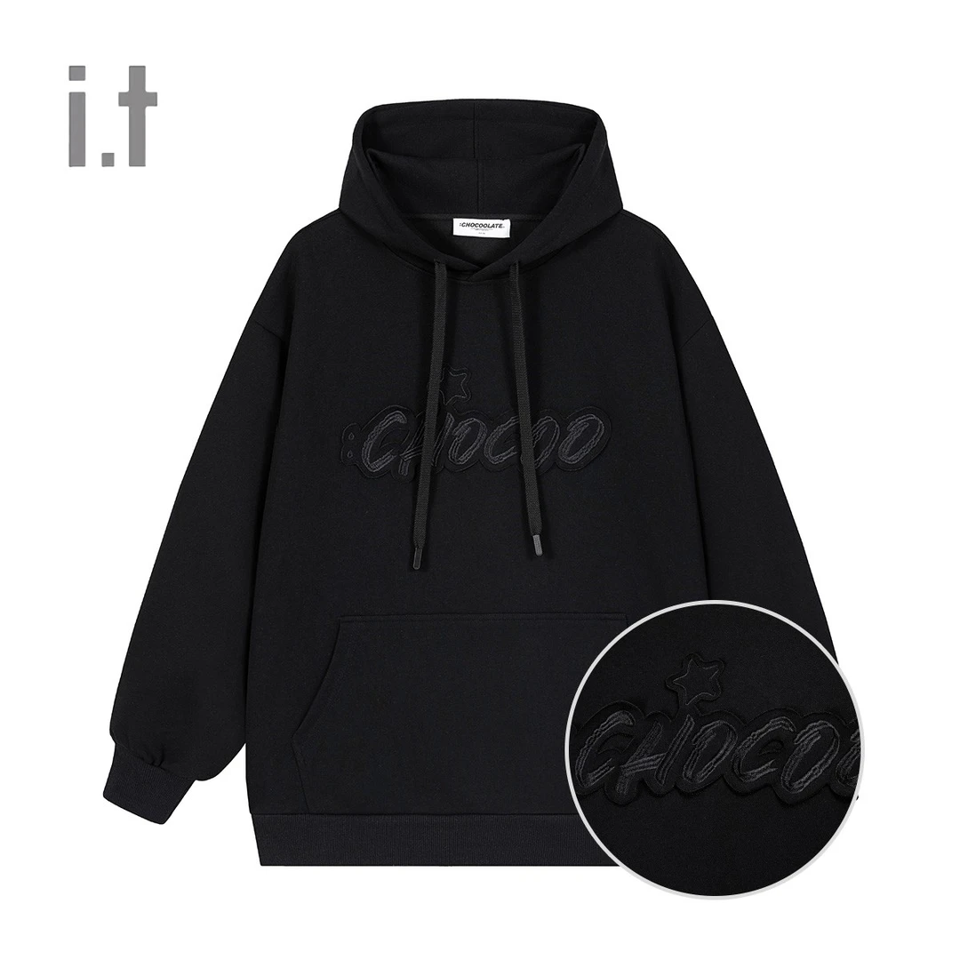 CHOCOOLATE【男女同款】纯色印花连帽套头卫衣时尚休闲宽松春季
