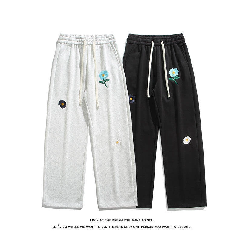 薄款刺绣小花休闲裤2025夏季新款青少年美式潮流复古宽松休闲长裤
