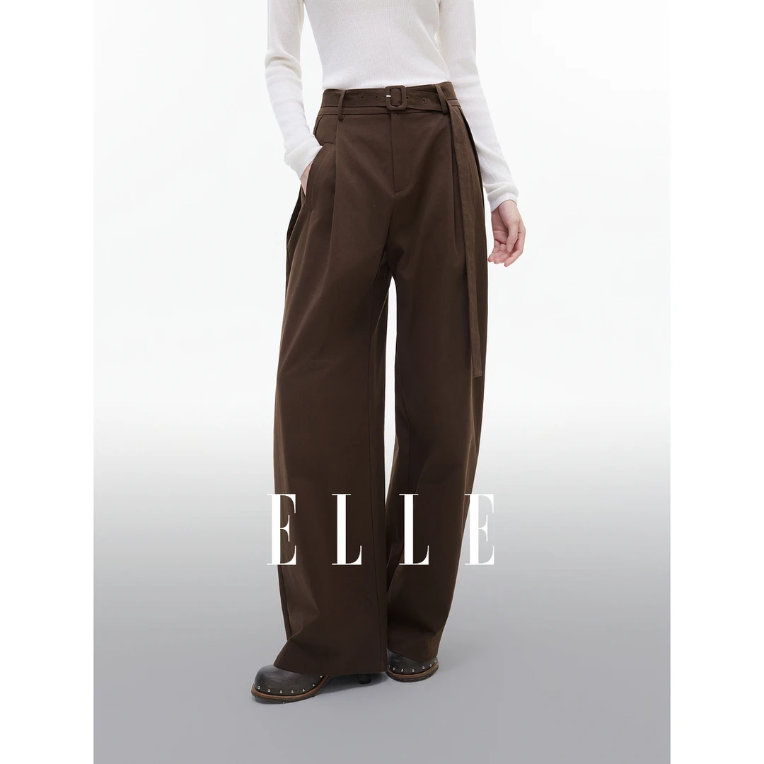 ELLE女装复古通勤休闲裤2025秋季新款高腰宽松阔腿裤子EK52642