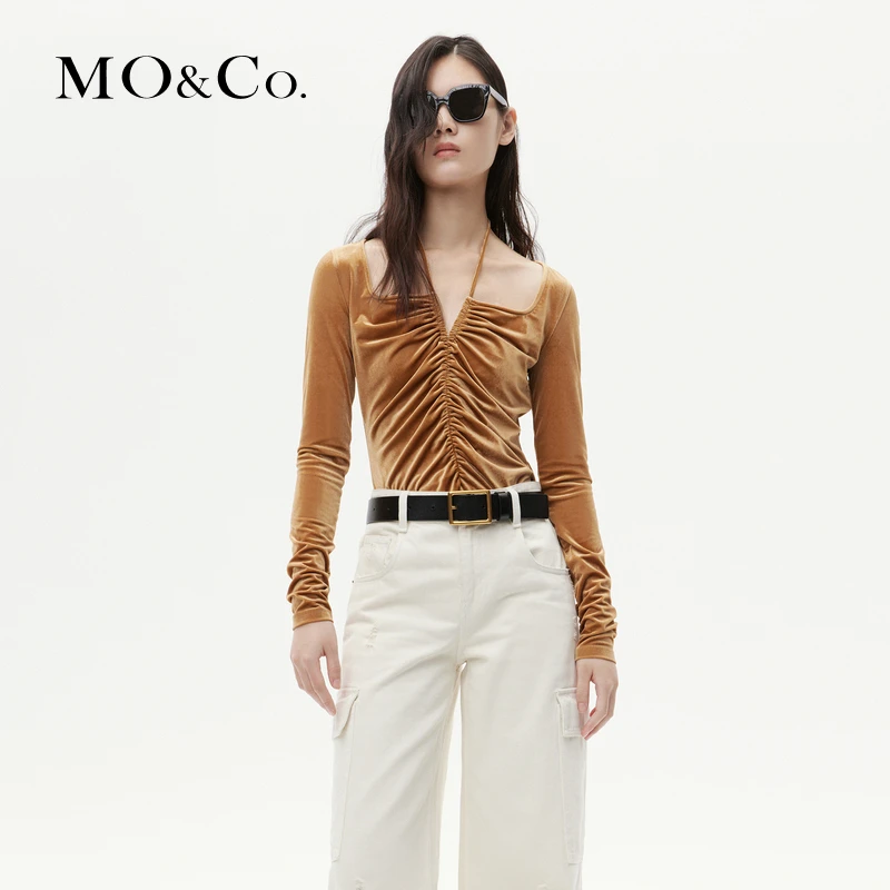 【陈大可专属】MOCO方领绑结挂脖捏褶收腰丝绒修身上衣MBC4TOP022