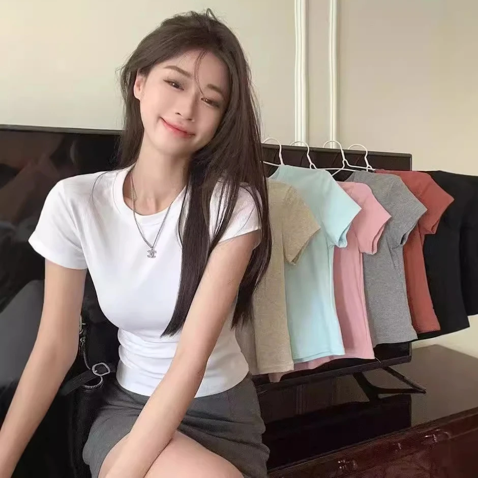 夏季白色短袖女打底衫内搭t恤新款女装辣妹短款正肩修身圆领上衣