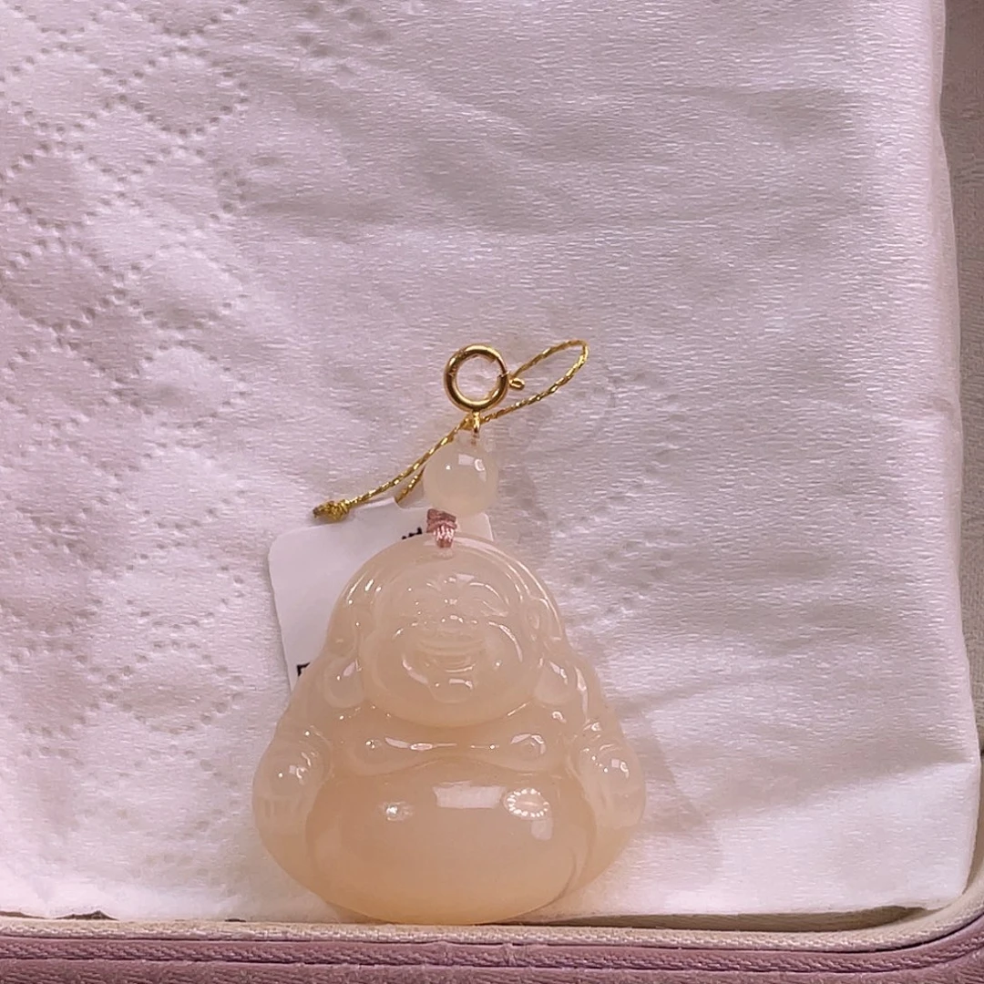 吊坠(不含链)18K金镶嵌和田玉顶**月藕粉桃粉佛公25
