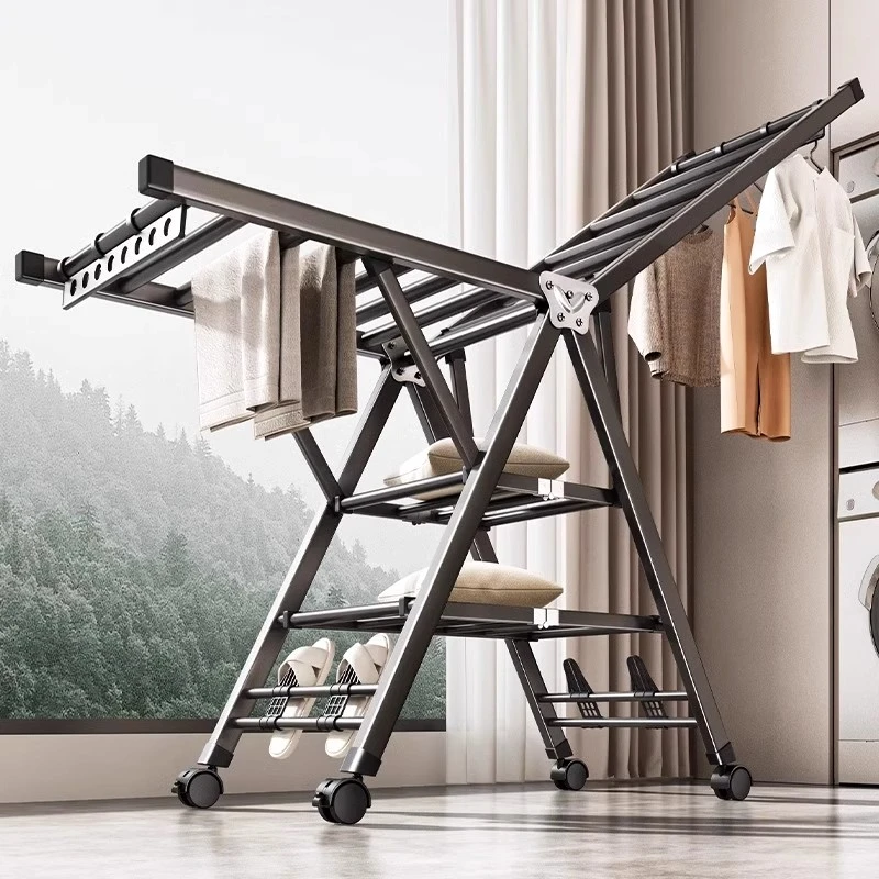 阳台晾衣架家用落地免安装折叠可移动卧室晒衣架家用晒被子神器