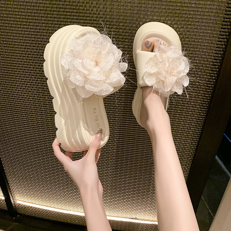 厚底增高凉拖鞋女2025新款夏季外穿百搭舒适配裙子粗跟花朵一字拖