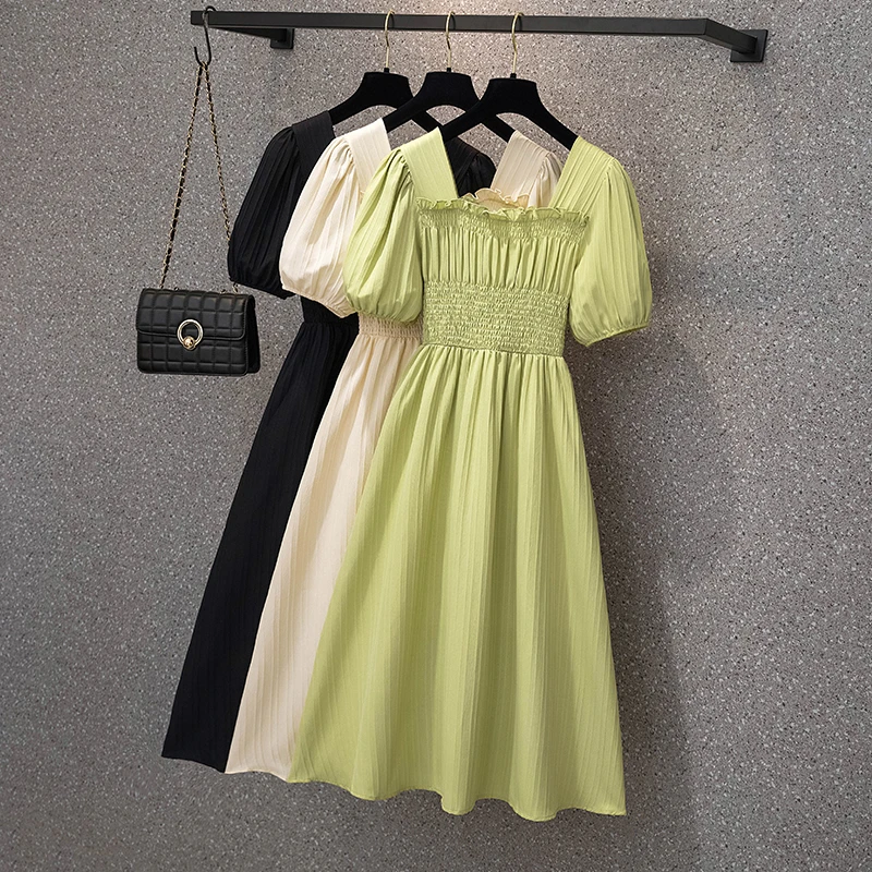 大码女装2025夏季新款胖妹妹泡泡袖甜美方领时尚显白连衣裙