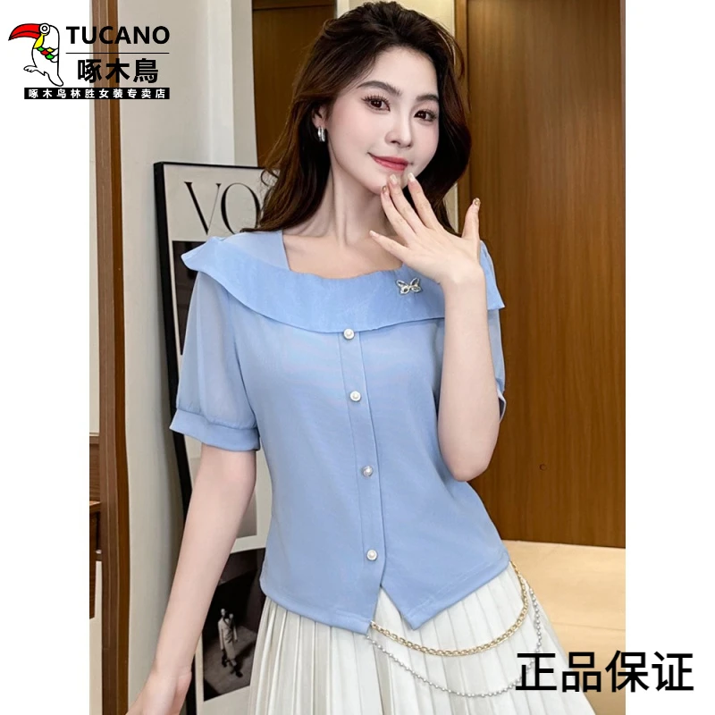 啄木鸟甜美法式方领短袖T恤女洋气减龄2025夏季薄款时尚减龄漂亮