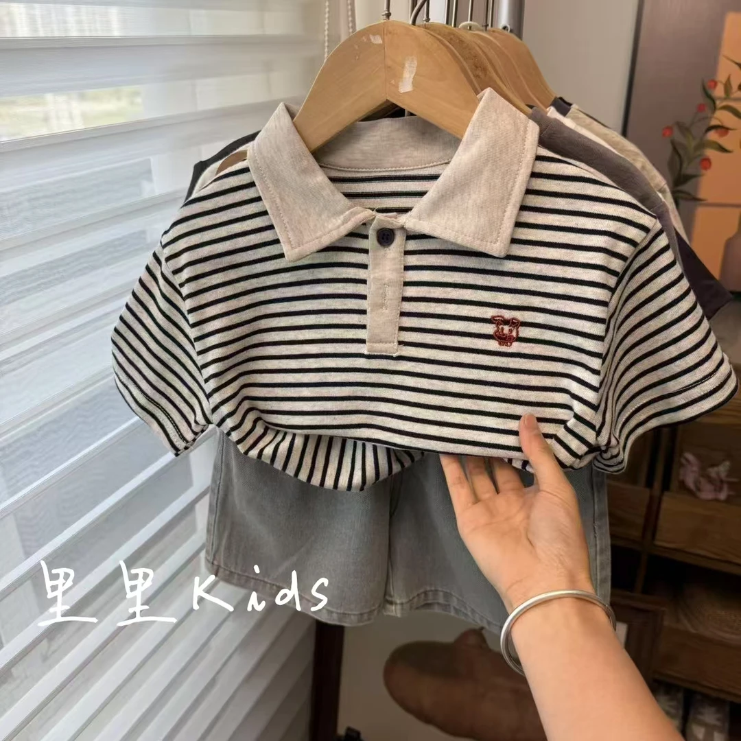 文艺范儿～韩系儿童刺绣条纹POLO衫短袖洋气百搭休闲T恤