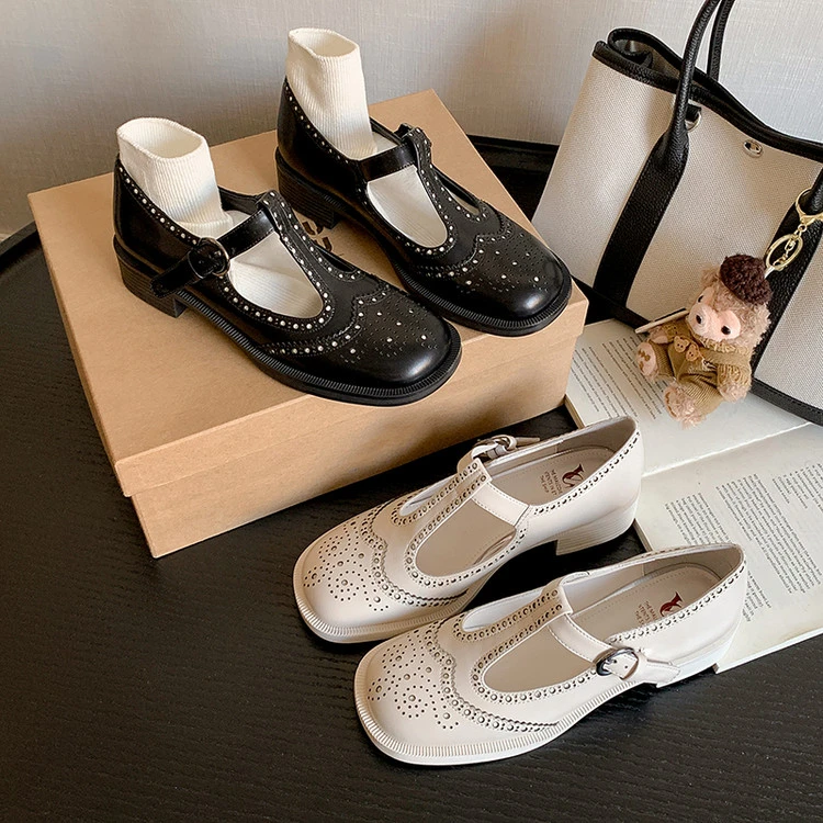 牛皮~3cm春秋新款2025时尚百搭低跟粗跟真皮浅口玛丽珍圆头乐福鞋